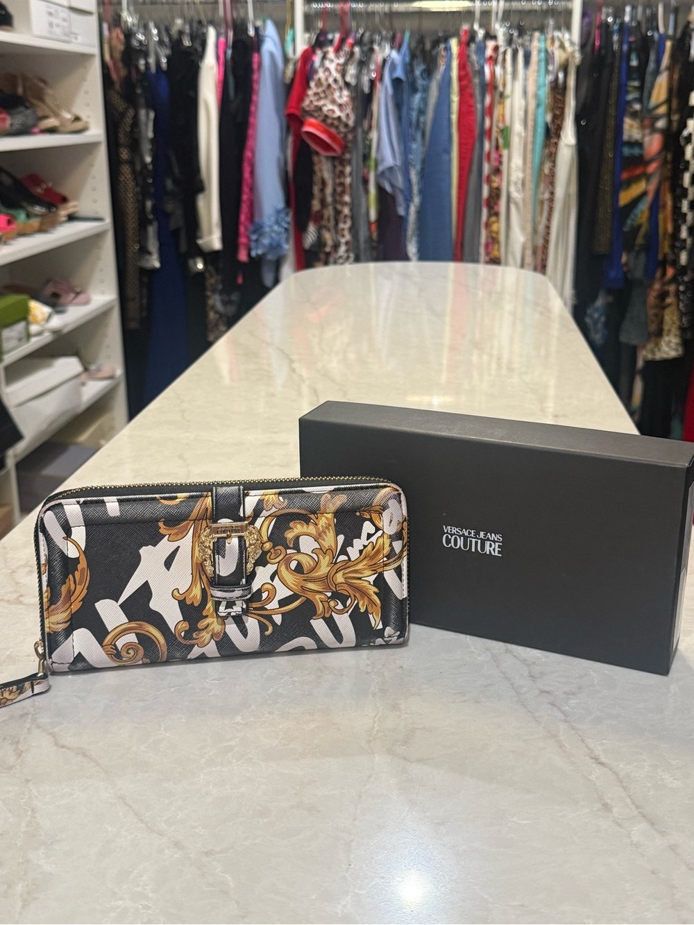 Versace Jeans Collection Black & Gold destruct Baroque Zip Wallet with box EUC
